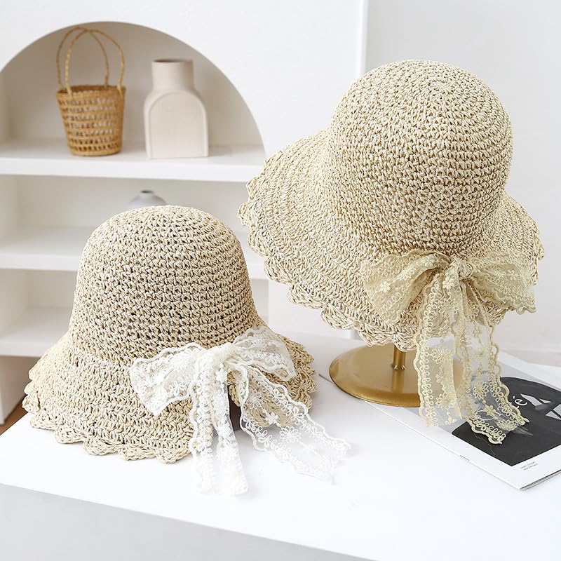 Gorra de Sol para Mujer,Gorra de Paja de Verano con Lazo de Encaje,Ajustable,Plegable,de ala Ancha,Flexible,Ahuecada,para Playa,para Caminar,Pescar y Viajar
