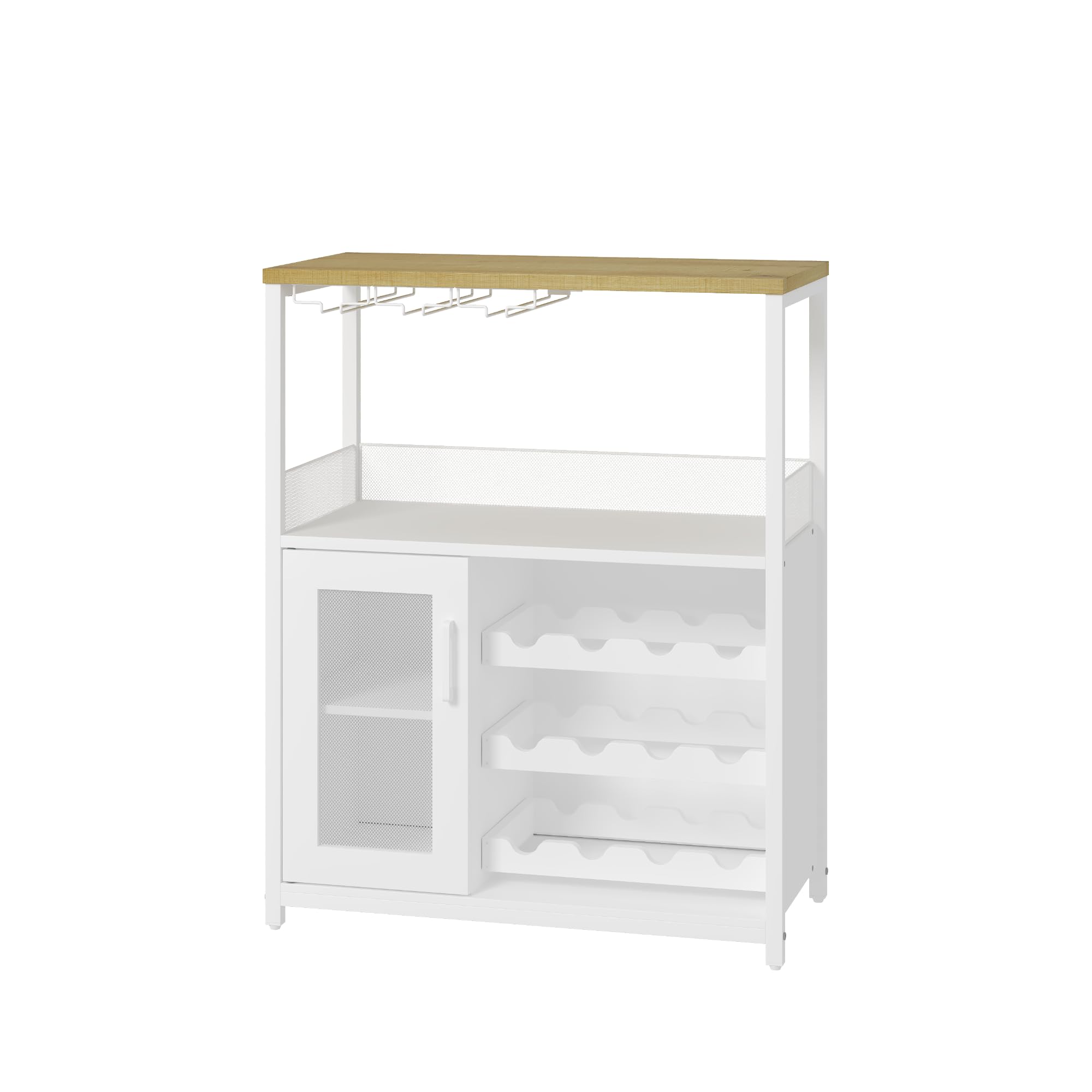 Aptliton Industrial Wine Rack Cabinet with Glass Holder, Rustic Bar Cabinet with Storage Door, Adjustable Shelves & Feet, Metal Frame Wine Storage Sideboard for Living Room Kitchen