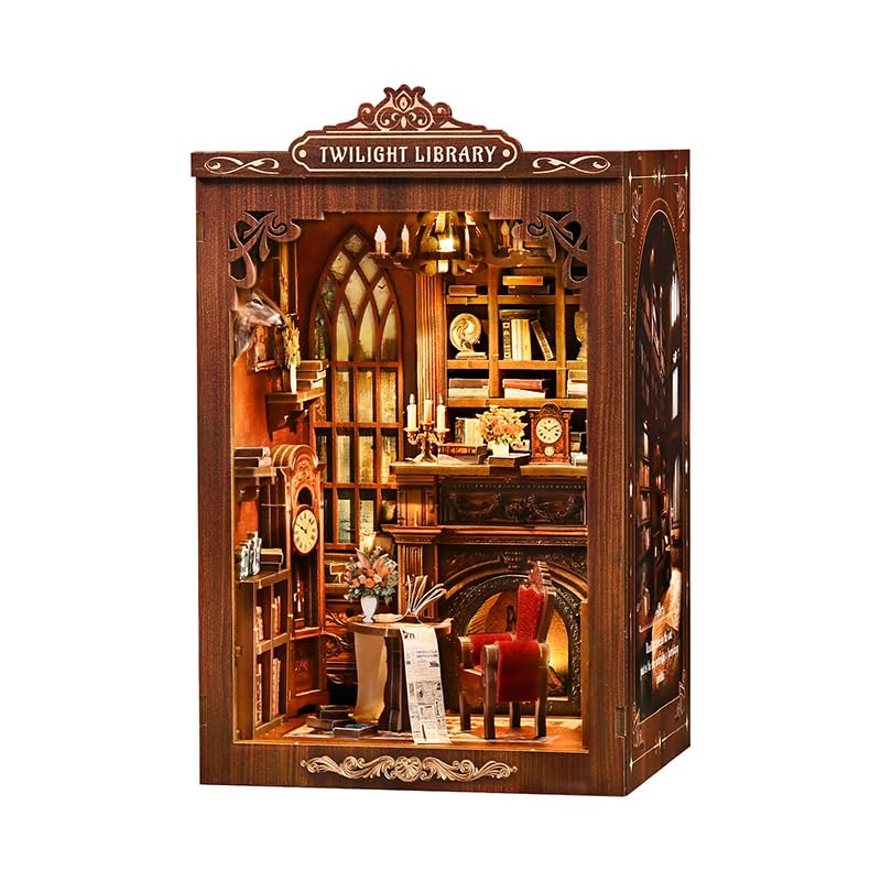 DIY Book Nook Kit, Wooden Miniature Booknook Kit with LED Light, 3D Wooden Bookend Model Building Kit, Handmade Book Nook Gift for Adults Teens Beginners【Micro Light Book Pavilion】