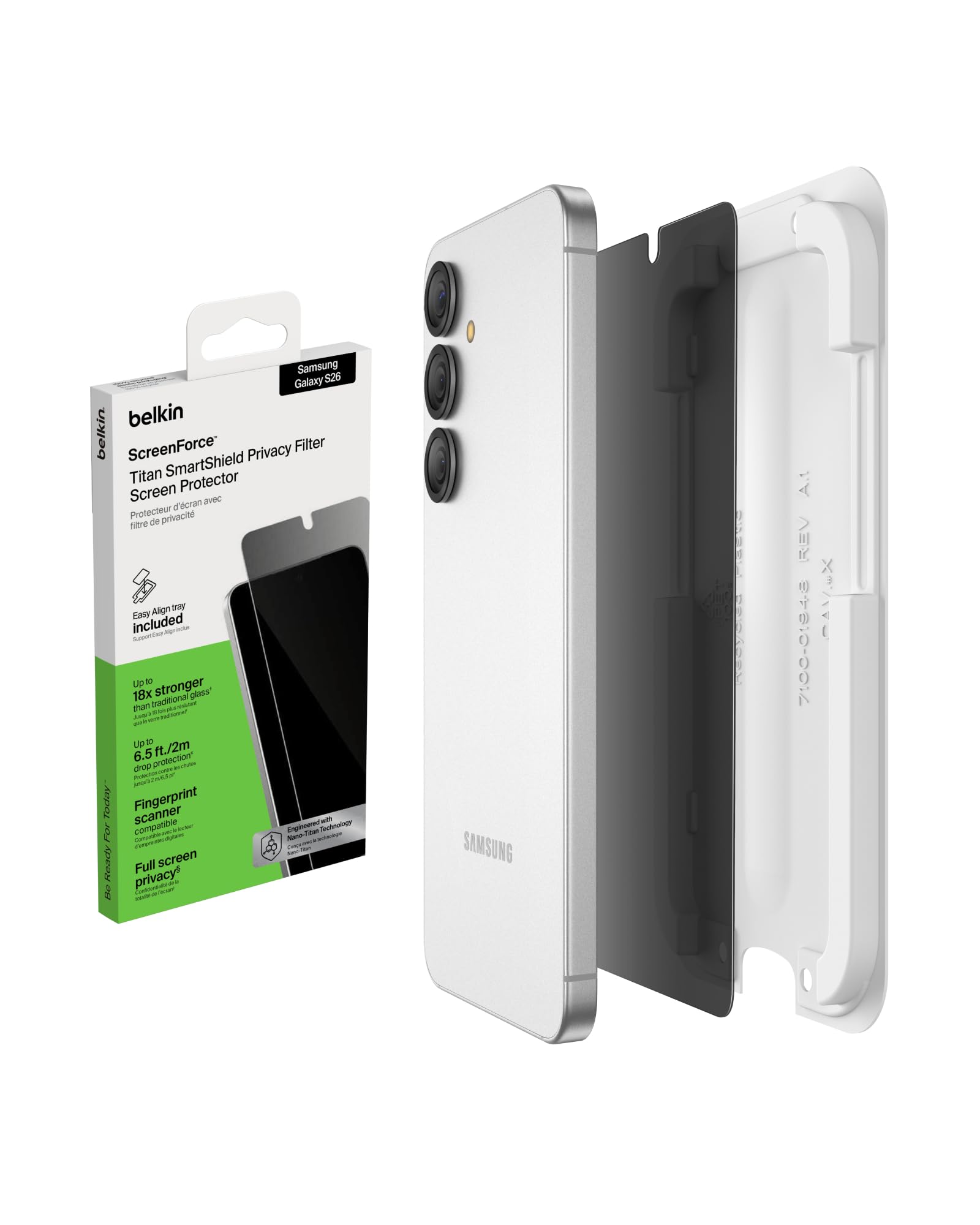 Belkin ScreenForce Titan SmartShield Privacy Protector Pantalla Samsung Galaxy S26, Filtro de Privacidad, Antiarañazos, Antimpactos y Antihuellas, Bandeja de Alineación Fácil Instalación sin Burbujas