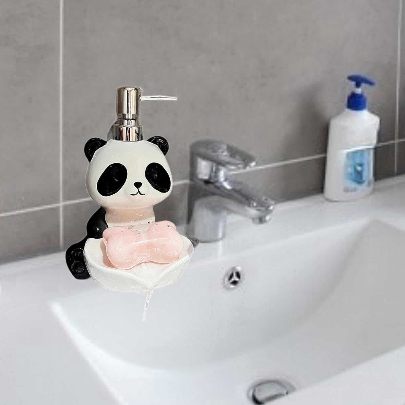 LOVIVER Distributore di Sapone a Forma di Panda Carino, distributore di Sapone Liquido in Ceramica da 380 ml con portasapone, flacone di lozione Multiuso