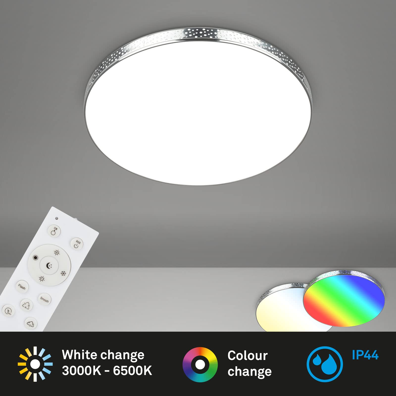 BRILONER - Lámpara LED de techo efecto brillo, lámpara de baño RGB, lámpara de baño LED IP44, temperatura de color regulable, cromo, 355x65 mm (DxH)
