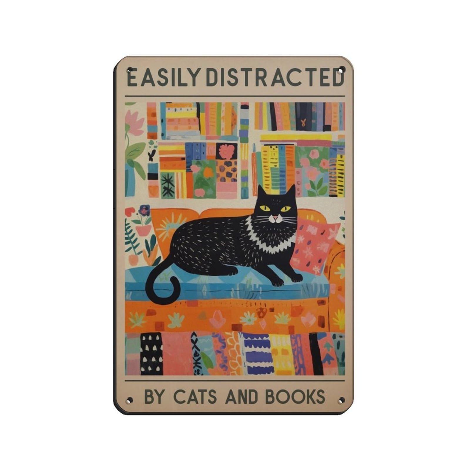 Cat And Books Poster, Vintage Book, Library Poster Tin Sign Vintage Metal Pub Club Cafe Bar Home Wall Art Decoration Poster Retro 8x12inch(20x30cm)