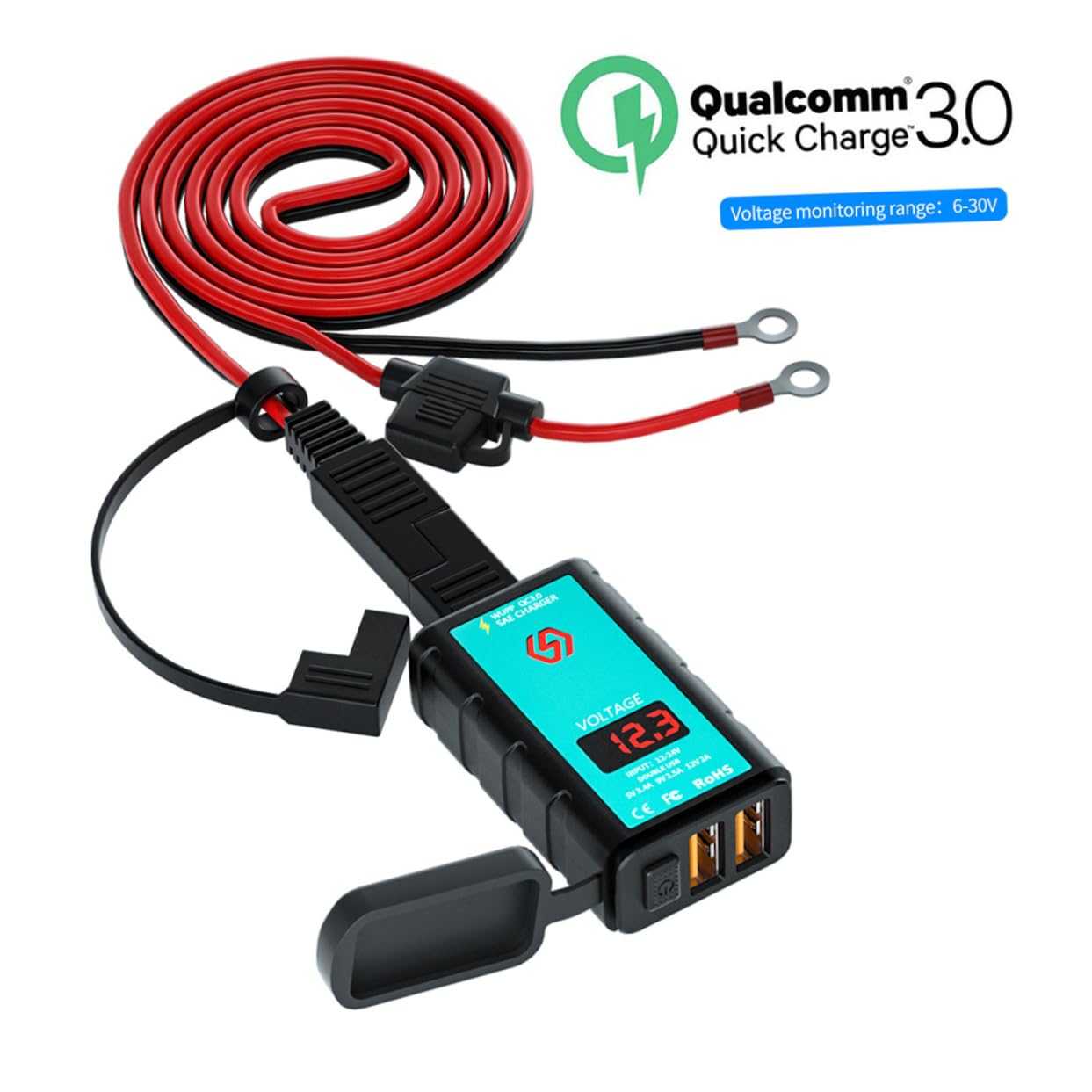 Cabilock 1Set Compact Motorbike Charger with SAE Type Phone Charger Ports Cover Voltmeter and Independent Button Switch for Motorcycle Power Outlet