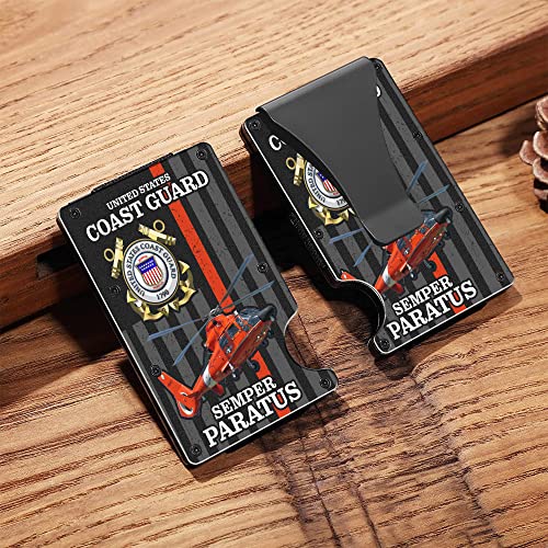 Slim Wallet With Money Clip, Us Coast Guard Red Helicopter Semper Paratus Blocking Front Pocket Credit Card Holder For Coast Guard, 3.35 x 2.13, Black, MWL0001 7