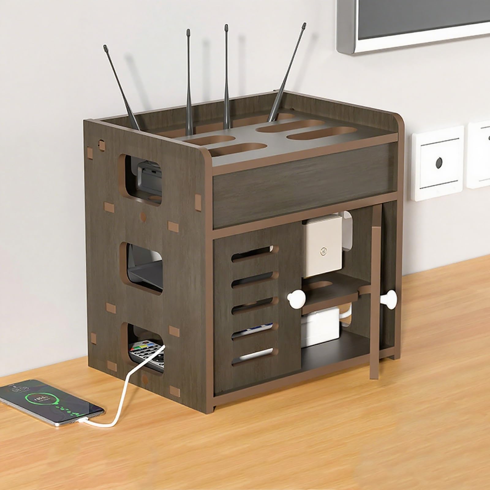 Armoire pour routeur WiFi ajourée pour masquer les câbles et boîtiers internet