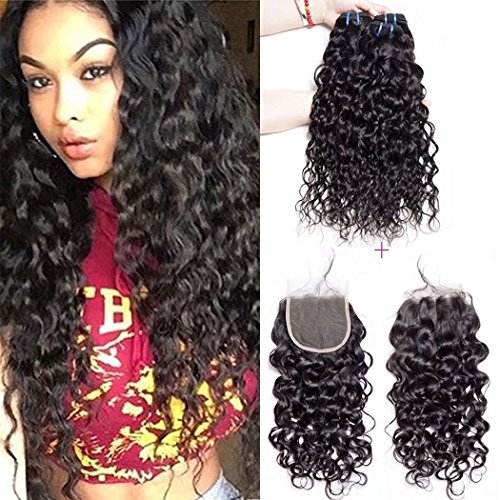 Maxine 9A Brazilian Water Wave 3 Bundles with Closure Unprocessed Virgin Human Hair Bundles with Lace Closure 4x4 Free Part Can Be Dyed&Bleached (18 20 22 with 16)