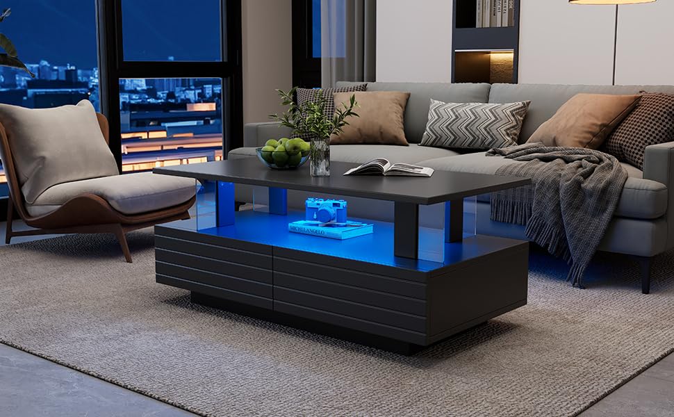 Mesa de centro LED moderna negra multifuncional con dos niveles de salon 7