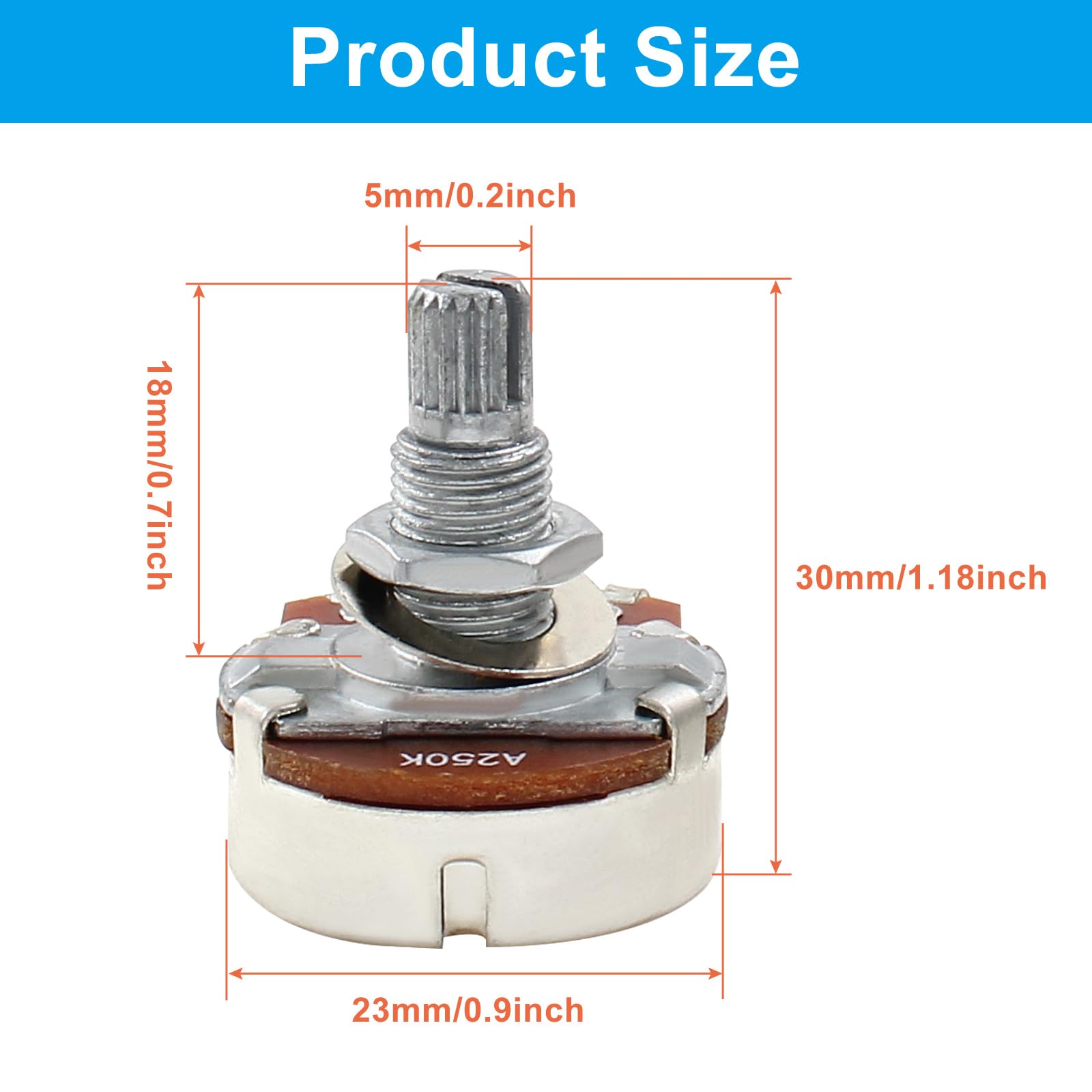 Cionyce 4Pcs guitar potentiometer 250k, Audio Volume Taper Pots for Electric Guitar or Bass Guitar (Long 18mm Shaft A250K B250K)