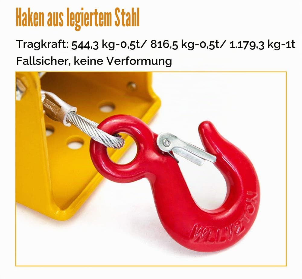 Handseilwinde, Forst Seilwinde Hand mit Automatisch Bremse, Tragbar Winde mit Seilzug und Haken, Multifunktion Hissen Ratsche Handwinde Bootswinde, Stahlschale Stabil und Langlebig