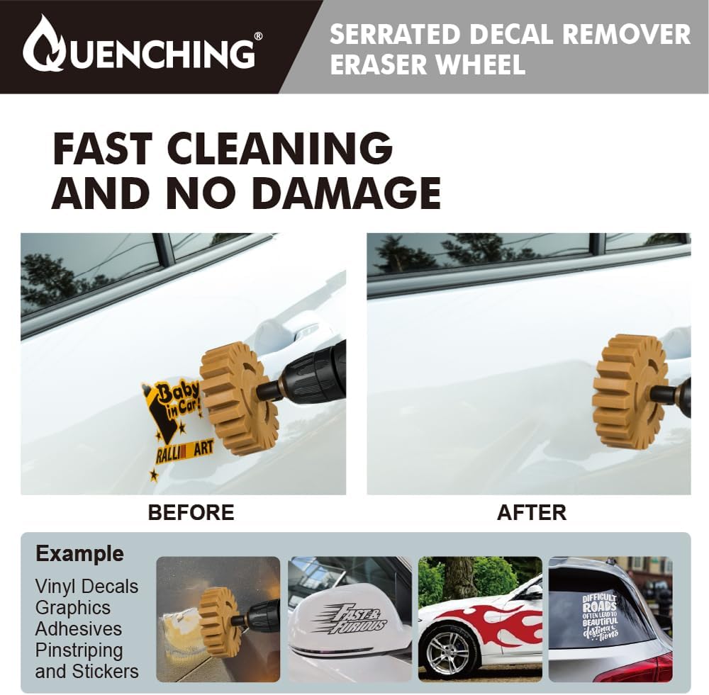 QUENCHING Rubber Eraser Wheel Decal Remover – Heavy Duty Adhesive Removal Tool for Drill, Removes Sticker Residue, Emblems & Vinyl from Car Paint, Not for Glass or Permanently Bonded Adhesive