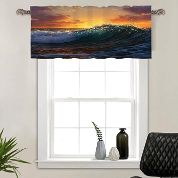 1 Panel Beach Sunset Wave Valance for Windows, Rod Pocket Ocean Nature Water Scenic Short Curtains Window Treatment for Kitchen/Bathroom/Laundry Decor, 54" W X 18" L