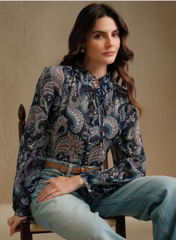 Image of Women Shirt ||Women Top || Cecily Paisley-Trim Button-Front Shirt (S-01-04)
