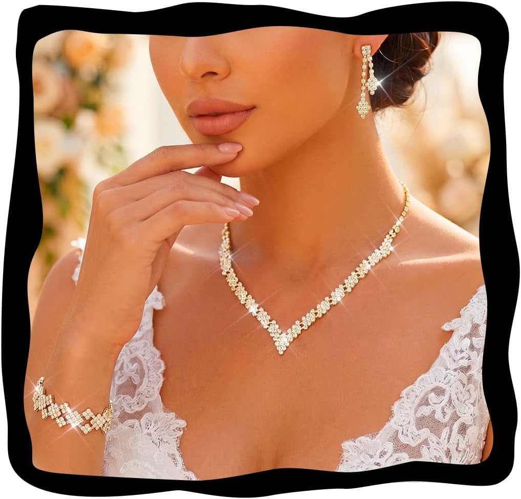 Aukmla Silver Rhinetsone Necklace Set Wedding Jewelry Sets Prom Jewelry for Brides and Women