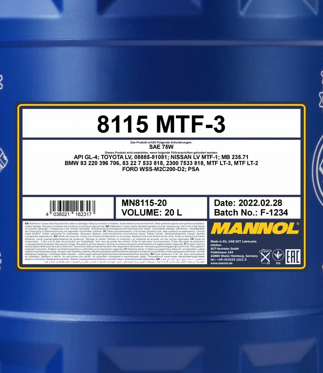 MANNOL 8115 MTF-3 Getriebeöl SAE 75W, API GL-4, für Schaltgetriebe, 20L | Getriebeflüssigkeit für manuelle und automatisierte Getriebe, erfüllt TOYOTA LV und MB 235.71, mit Verschleißschutz