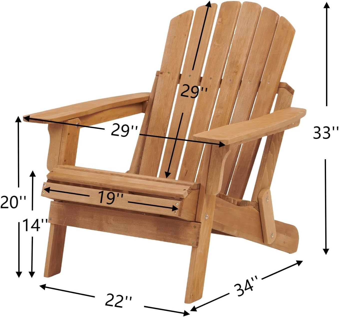 Oversize Folding Adirondack Chair with Pre-Assembled Back and Seat, Wooden Patio Chair for Garden Backyard Pool Deck