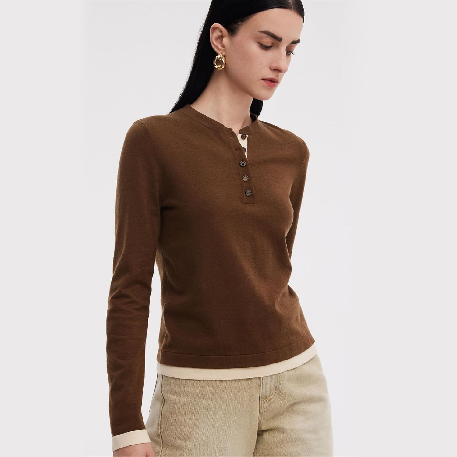 GOELIA Women's Knit Top Fall Henley Long Sleeve Wool Brown Contrast Trim Layered Shirts for Women 2025 Work Basic Teacher