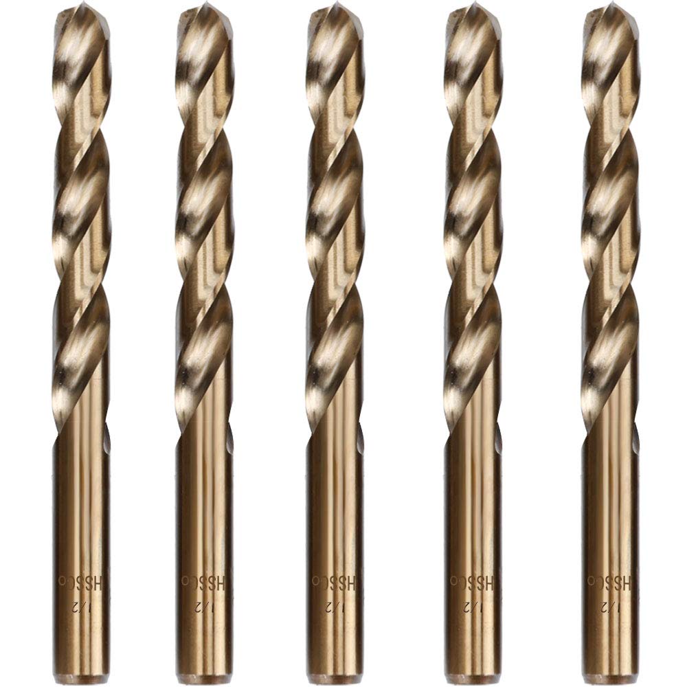Hymnorq 5-Piece Drill Bit Set, 1/2" M35 Cobalt Steel, Dual Twist Flute, 135° Split Point, Bronze Finish, with Tough PP Transparent Case for Hard Metals Like Stainless Steel and Cast Iron