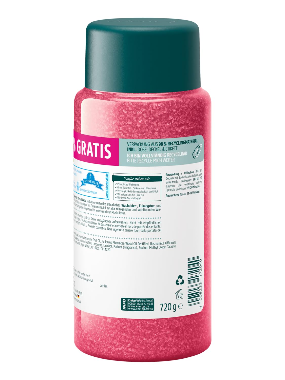 Kneipp Cristalli da bagno muscolare, misura speciale, con prezioso olio essenziale di ginepro, eucalipto e rosmarino, riscaldanti e benefici per la muscolatura, edizione limitata, 720 g