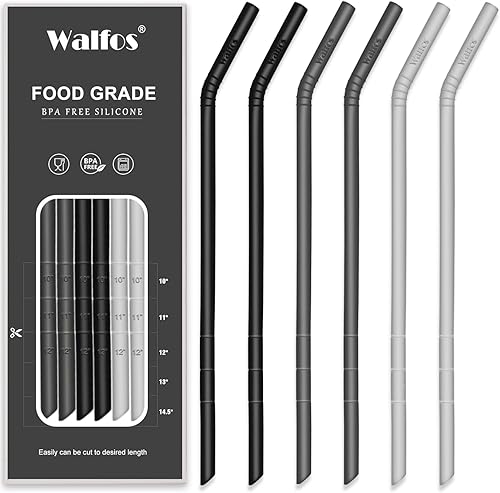Walfos Pajitas de silicona reutilizables, de 10.5 pulgadas, flexibles, flexibles, para batidos, vasos de 20 y 30 onzas, sin BPA (6 piezas de ancho +