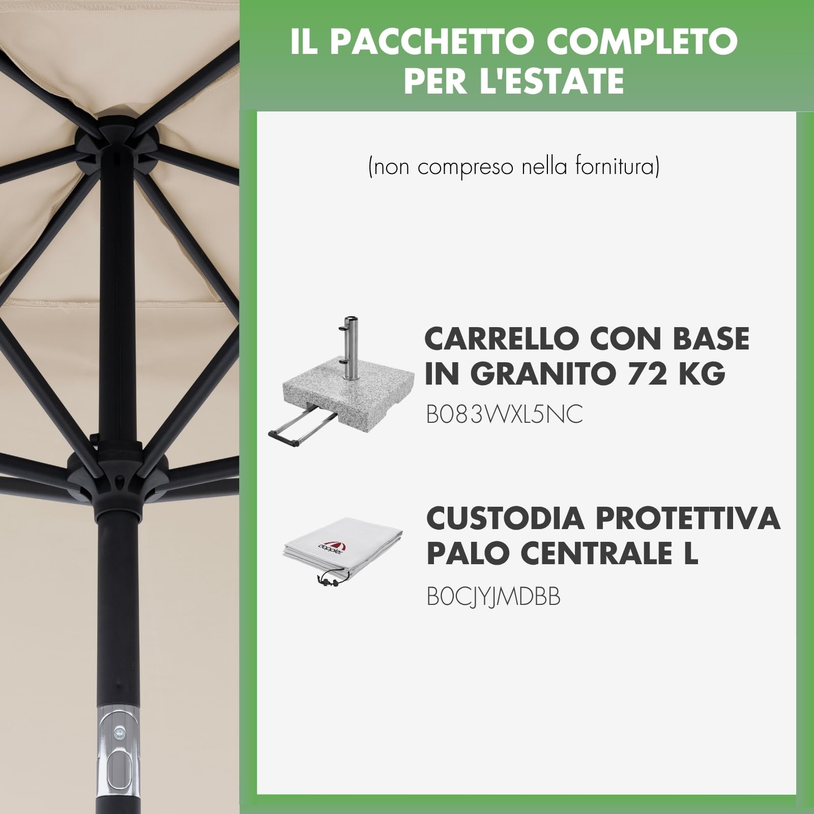 doppler ombrellone Jack 300x200 cm, Naturale, manovella, giardino, UV 50+