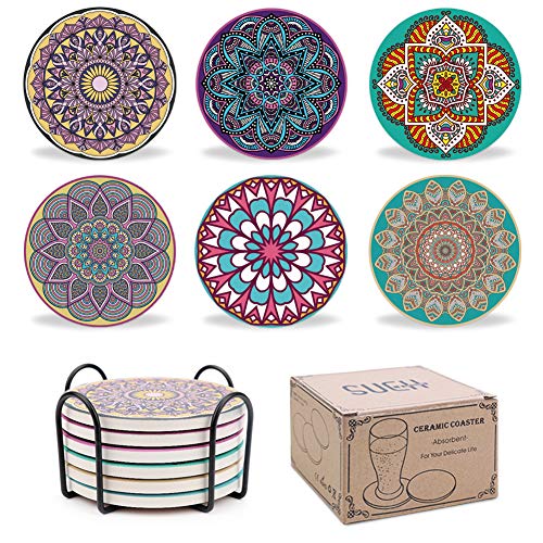 SueH Design Sottobicchieri per Bevande in Pietra Ceramica Assorbente con Supporto | Set di 6 Originali Sottobicchieri Mandala con Strato Protettivo in Sughero | Regalo Grazioso per Amici e Parenti