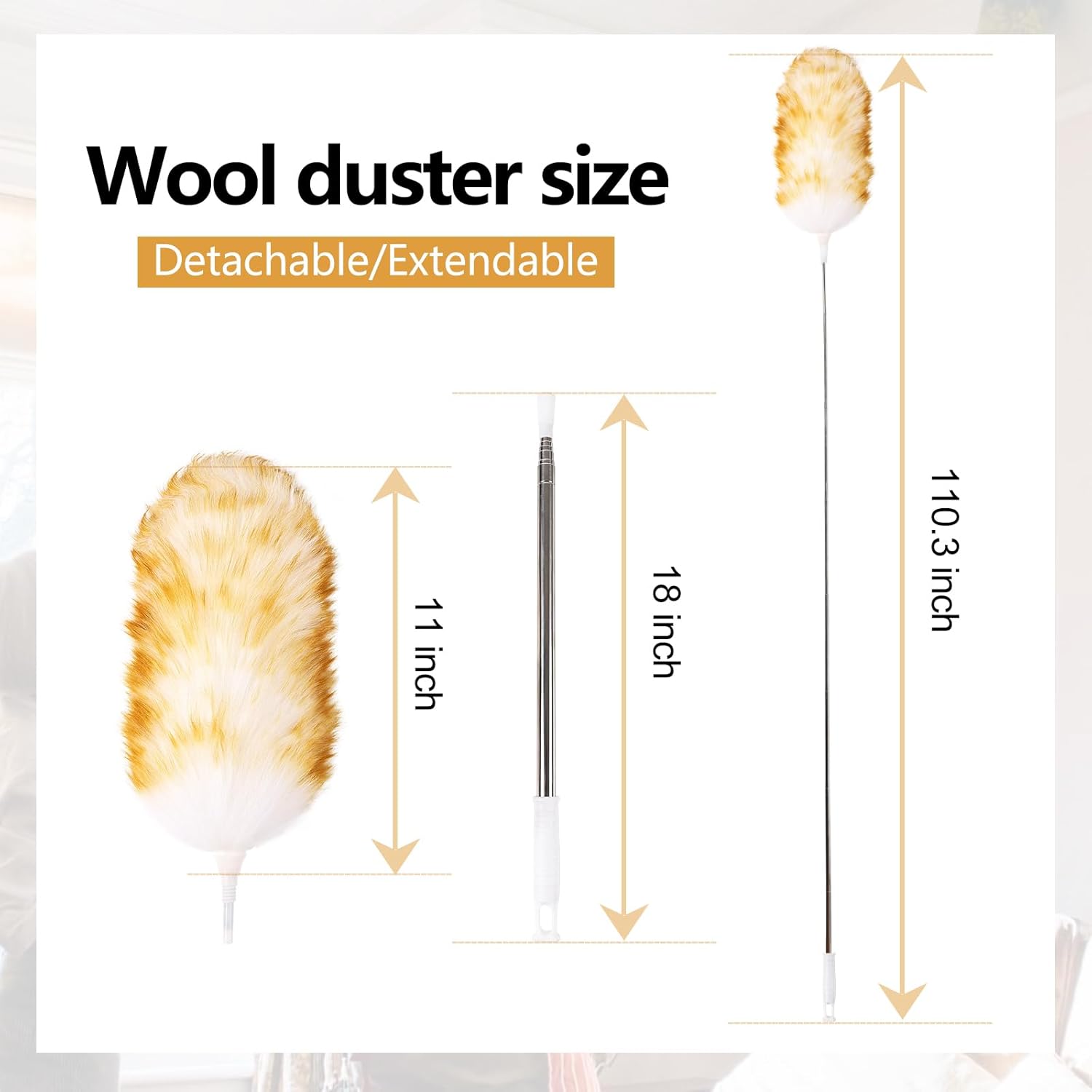 Lambswool Extendable Duster 29-110 Inch, Anti-Static Flexible Head, Stainless Steel Pole for High Ceilings, Fans, Interior & Roof Dusting.