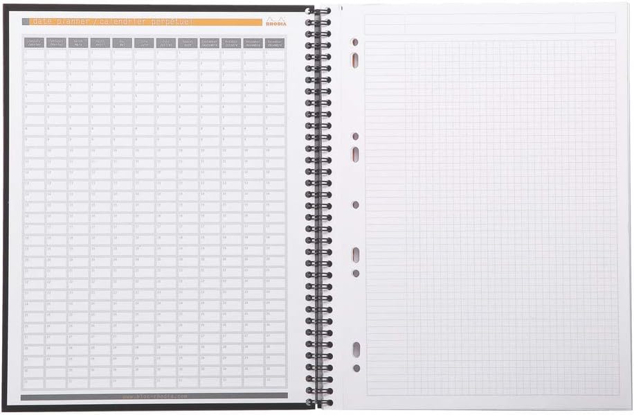 RHODIA 191301C - Spiral Notebook (Full Bound) Notebook Black A4+|Small Squares|160 Detachable Perf. 9 Holes|Clairefontaine Paper 90g - Rhodiactive Semi-Rigid Cover