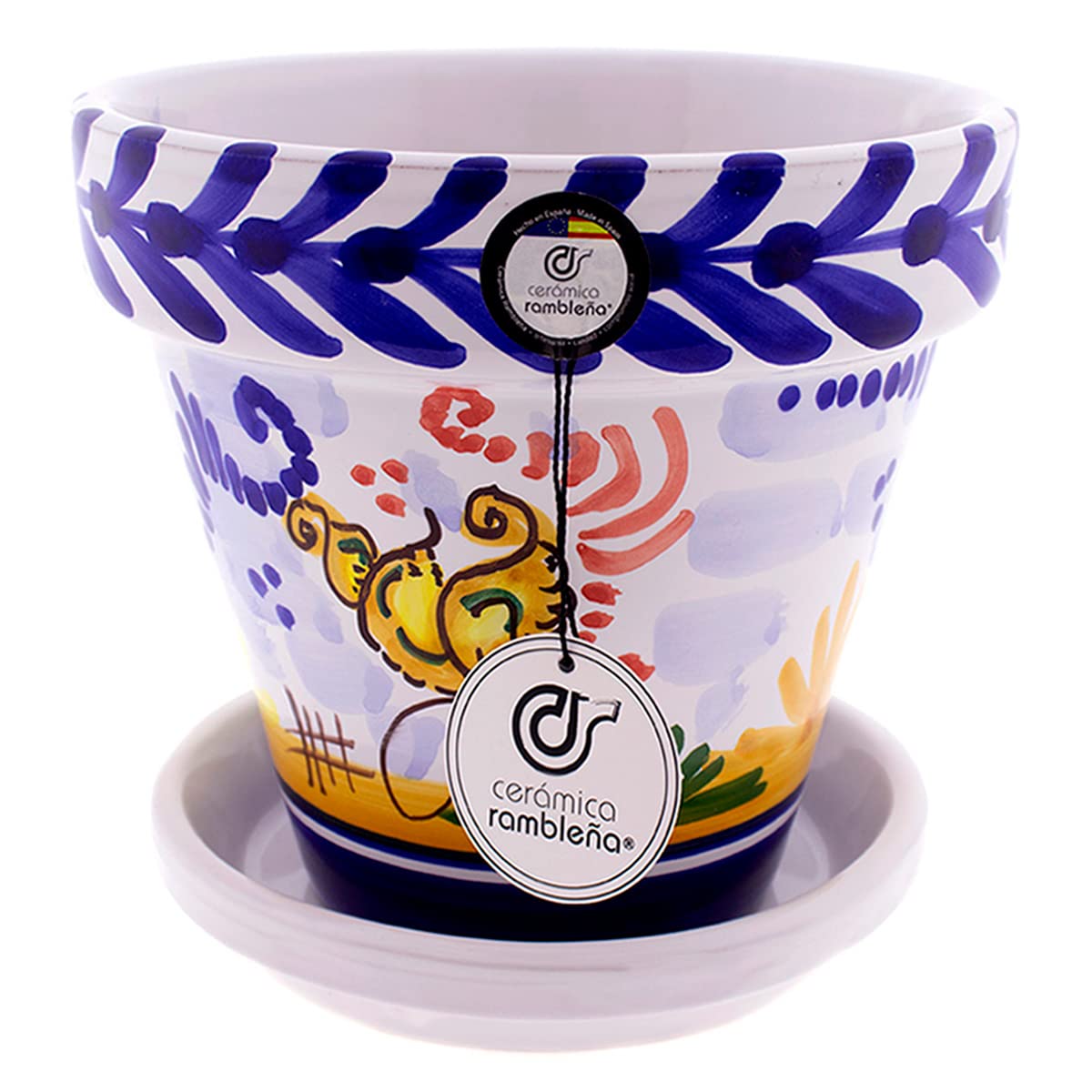 Ceramic RAMBLEÑA | Garnki z czerwonego błota | Dekoracyjne doniczki | Doniczki ceramiczne | Doniczki zewnętrzne | Ozdobione Moneria - D112 | 100% Ręcznie robione dekoracje | 20x20x19 cm | Talerz w zestawie