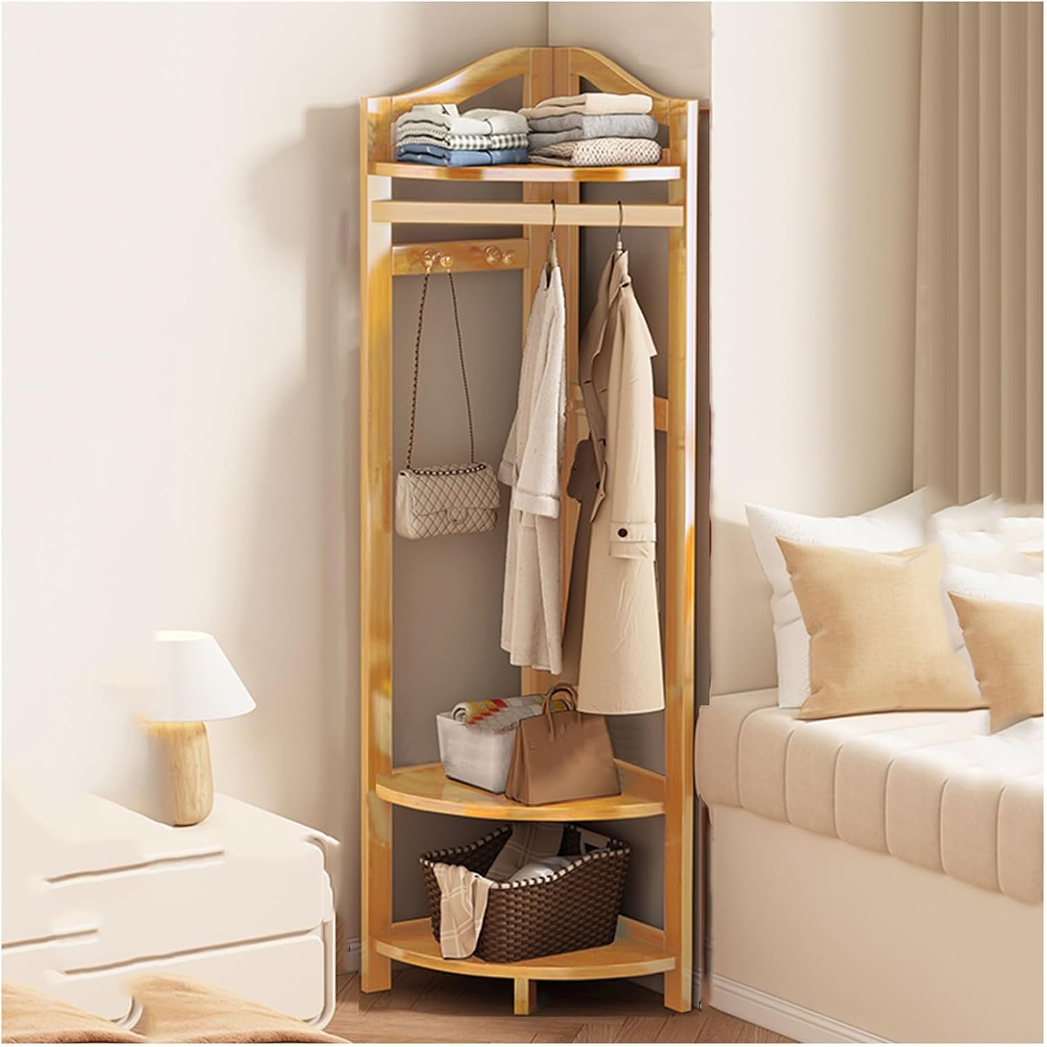 XDLEDMKIZ Wooden Corner Shoe Rack & Coat Stand – Freestanding Entrywaywith Shelf – Space-Saving Corner Storage Solution for Shoes & Coats