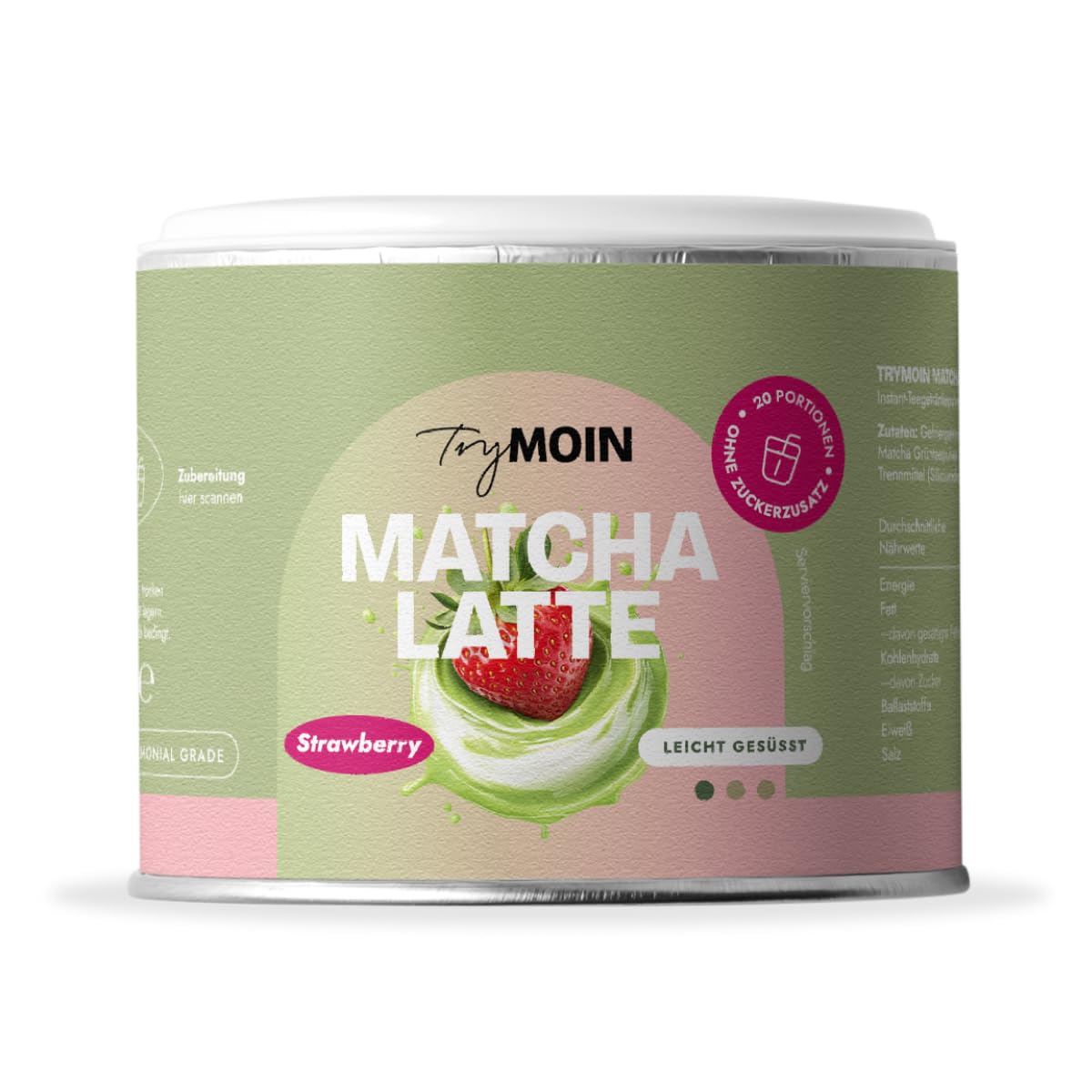 TryMOIN - Strawberry Matcha - Ceremonial Grade Matcha Pulver aus Japan, mit echten Erdbeeren, Dattel & Stevia, für Iced Matcha Latte mit Erdbeergeschmack - 20 Portionen