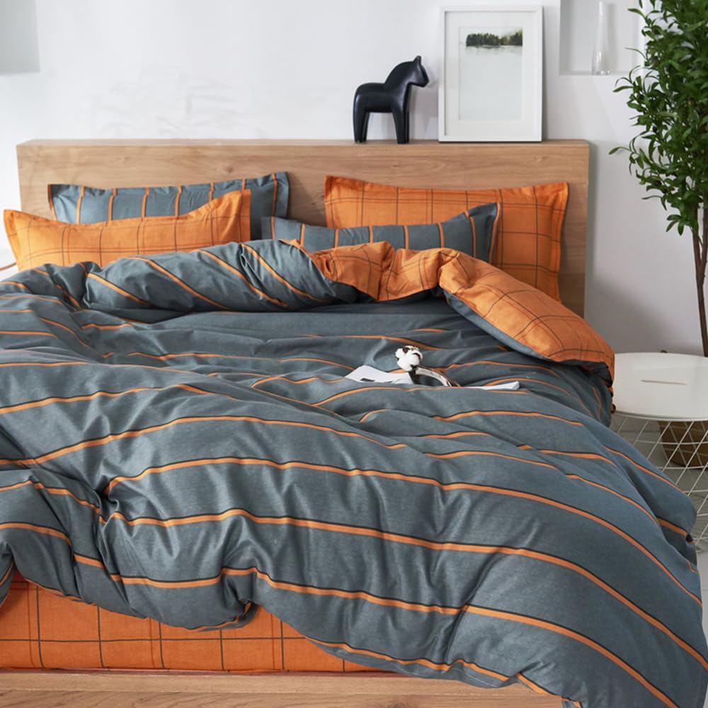 Treer Duvet Cover Set 3 Pieces, Single Double King Bedding Set Microfiber Modern Plaid Stripes Soft Duvet Set with Zipper Closure Quilt Case and 2 Pillowcases (Orange Gray,135x200cm)