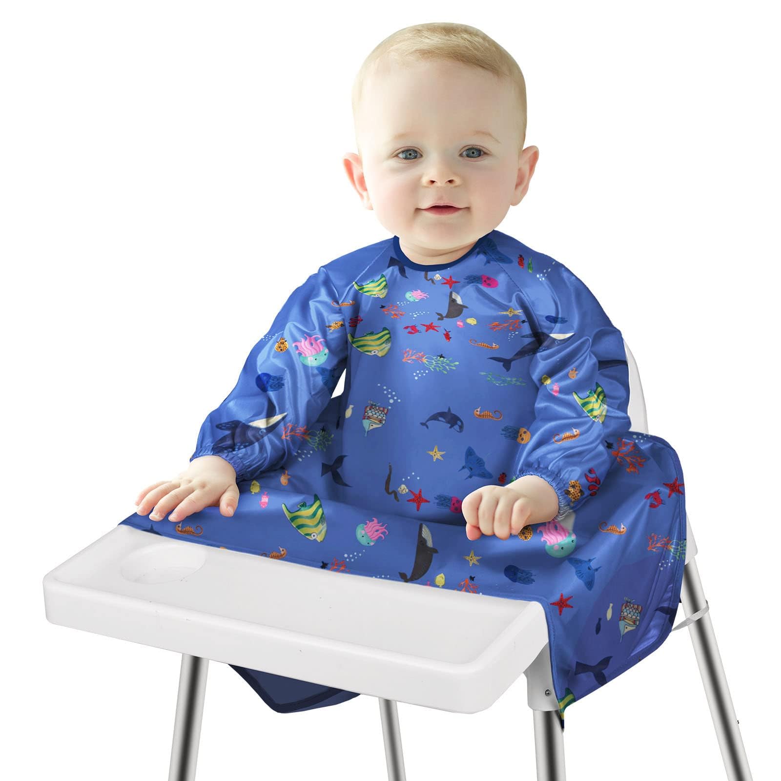 Vicloon Lätzchen mit Ärmeln Baby Ärmellätzchen Befestigt Sich an Ihrem Hochstuhl, Wasserdicht, weiches Bib Unisex (Blau)