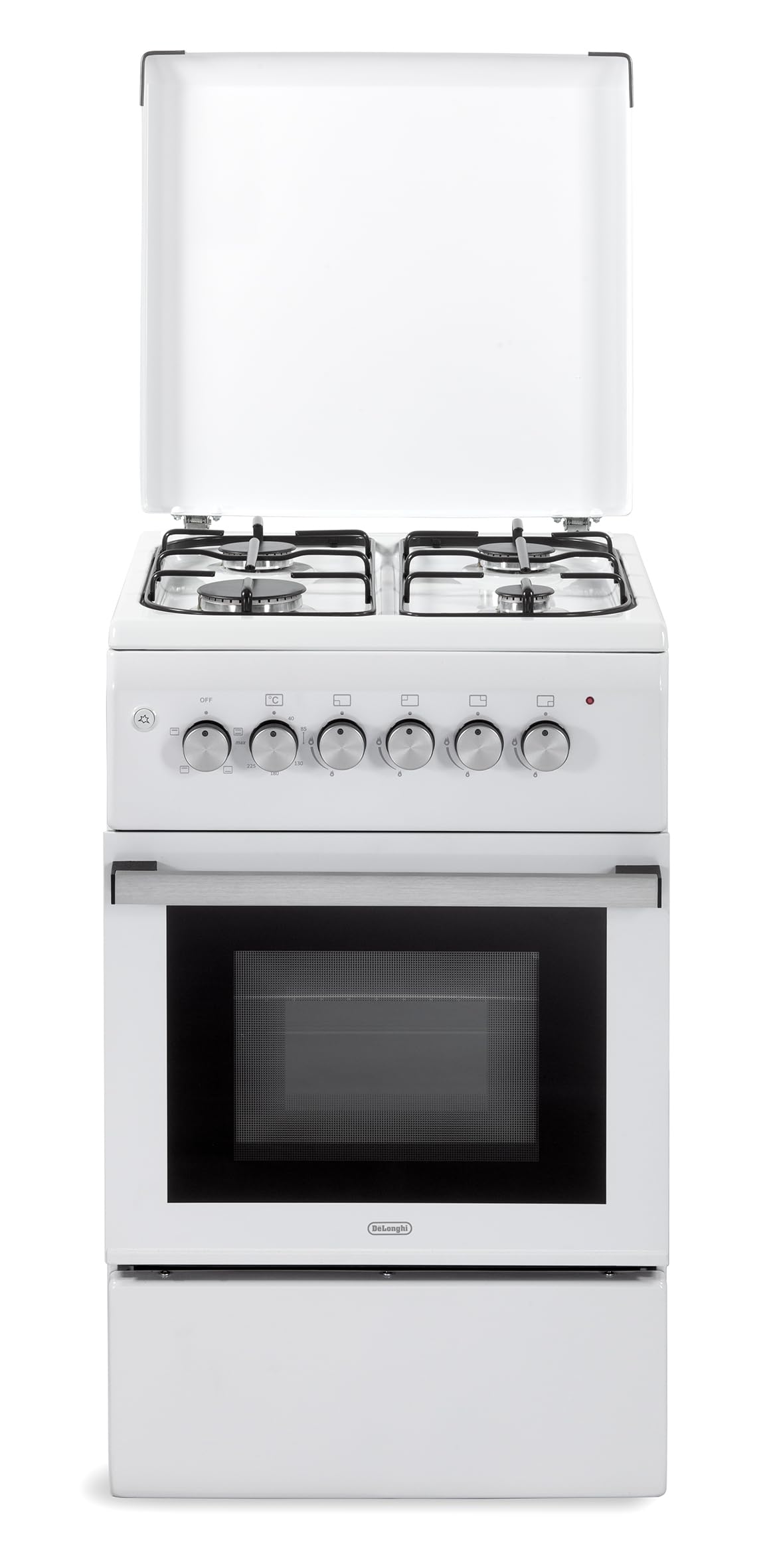 De'Longhi DL554EW2 Cuisinière à gaz, 50 cm, 4 feux, grilles émaillées, four électrique multifonctionnel, 52 litres, couleur blanche, classe énergétique A