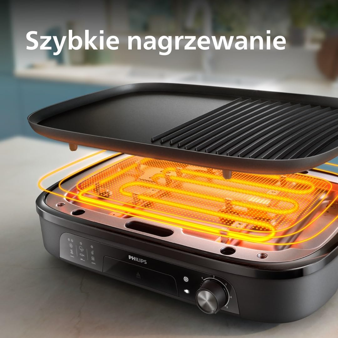 Philips Grill stołowy serii 3000 - Duży grill rodzinny, 2400 W szybkiego nagrzewania, regulowana temperatura, nieprzywierająca powłoka, łatwe czyszczenie (HD6210/95)