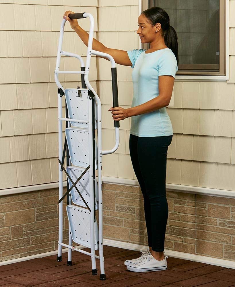 Escabeau de ménage avec main courante et tapis antidérapant - Pliable - Pour la maison, la cuisine, le jardin, le garage, l'entrepôt - 4 marches - Portable - Pliable et résistant