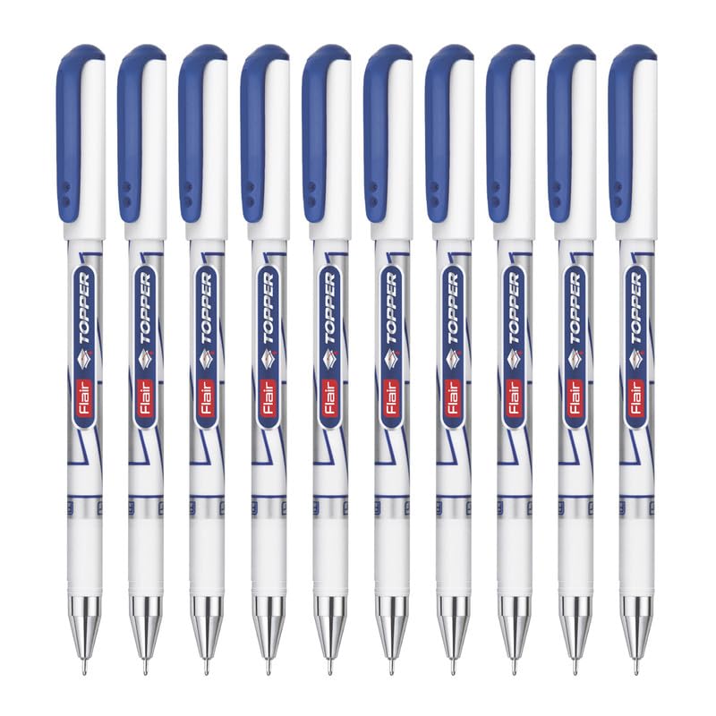 FLAIR Topper Ball Pen Pack | Stylish Sleek Design With Effortless Writing | Smooth Writing & Long Lasting Pen | Sturdy Refillable Ball Pen | Blue Ink, Set of 10 Pcs