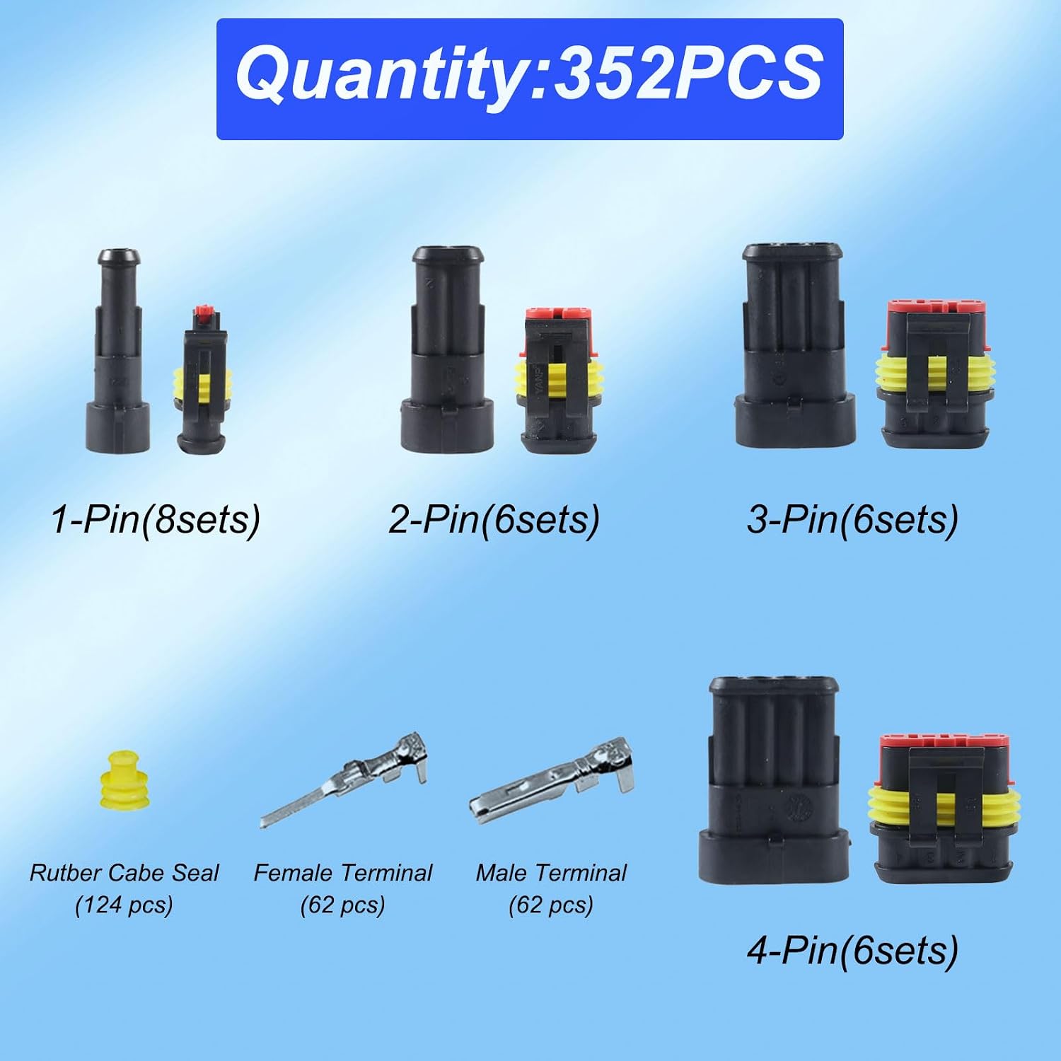 352PCS Waterproof Car Electrical Connector Plug, Automotive Waterproof Connectors Kit for Car Motorcycles Yacht