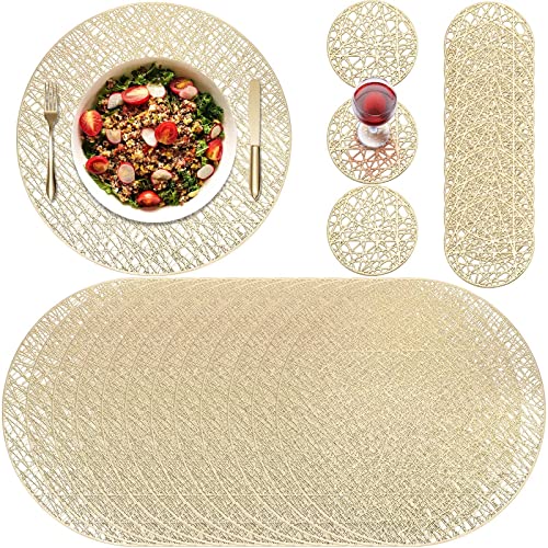 Round Pressed Vinyl Placemats Metallic Place Mat Coaster Set Including Placemats And Coasters Non Slip Heat Resistant Washable Hollow Table Mats For Dining Table Kitchen Decor (Gold, 24 Pcs) #TOP6