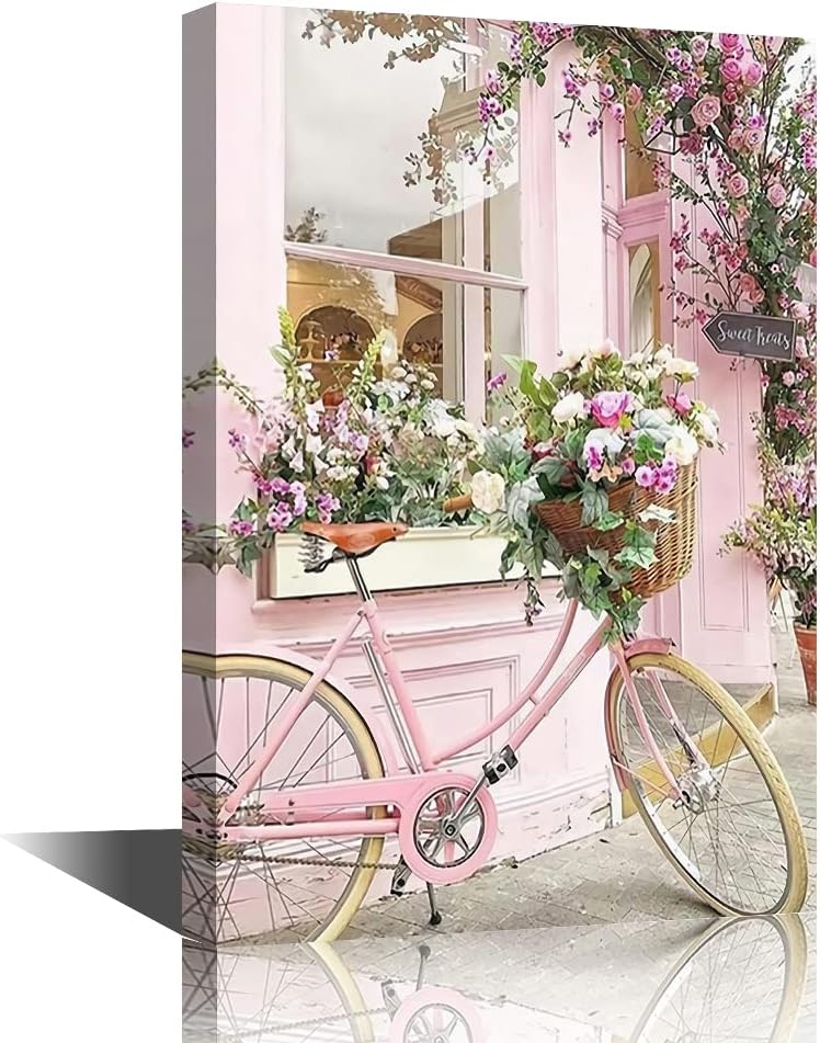 TISHIRON Bicycle and Flower Wall Art Canvas Painting Pictures Wall Decor Canvas Art Lake Blue Modern Artwork Contemporary Wall Decor for Home Office Decorations Framed Ready to Hang 8″ x 12″