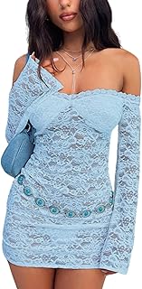 Womens Sexy Off Shoulder Lace Dresses Long Sleeve See Through Bodycon Mini Dress Y2K Dress Birthday Date Night Outfit