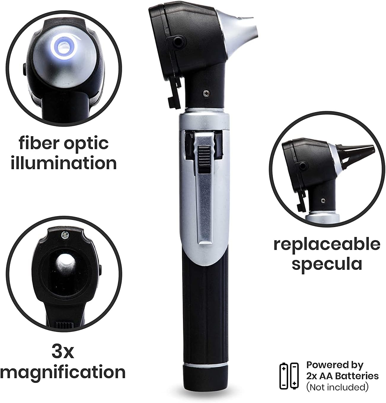 Diagram of the otoscope showing fiber optic illumination, 3x magnification, replaceable specula, and battery compartment.