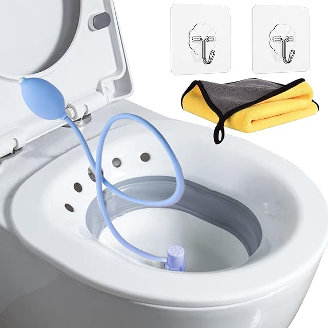 Sitz Bath for Toilet,Seat Sitz Bath Basin for,Pregnant Women,Postpartum Care,Fits Universal Toilets and Commode Chair (Foldable with Flusher),with 2 Hanging Hooks and 1 Towel.