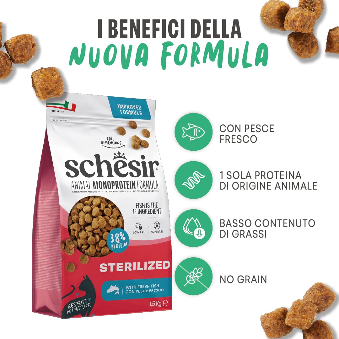Schesir Animal Monoprotein Sterilized Pesce, Croccantini per Gatti Adulti Sterilizzati, Alimento Secco Monoproteico, Vitamine Aggiunte, Senza Conservanti e Coloranti, 10 kg