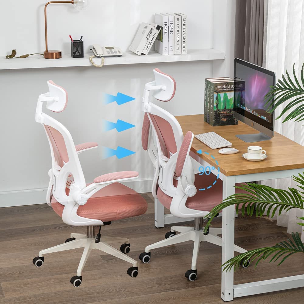 Silla de Oficina ergonómica, Silla de Oficina con reposabrazos Plegables, Silla de Oficina con Soporte Lumbar cómodo, Silla de Oficina rotativa (Rosa)