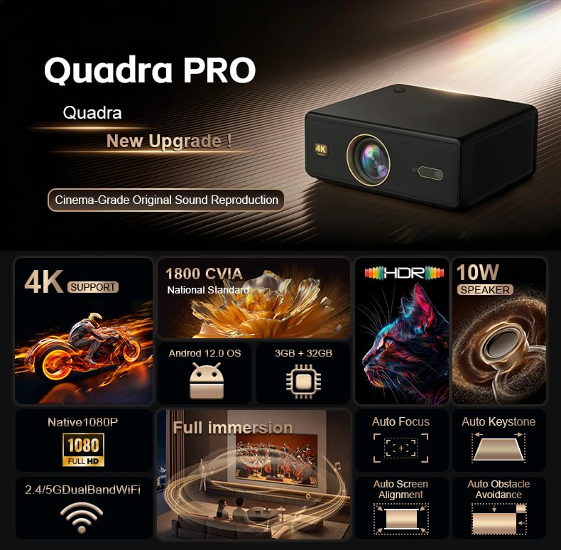 Image of (4K HDR10, 30000 Lumen, HDMI ARC) AUN Legend Gold Pro Projector 4K Ultra HD, Fully Sealed, AI Auto Focus, YouTube Hot* Prime Android 3G 32G, 2500 ANSI 1080p Native Mini LED AUN Projector
