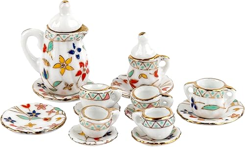 AUEAR, Juego de 15 piezas de té de porcelana en miniatura 1:12 Miniatur Plato Taza Plato Accesorios Clásicos de Cocina (Patrón de Hoja Dorada)