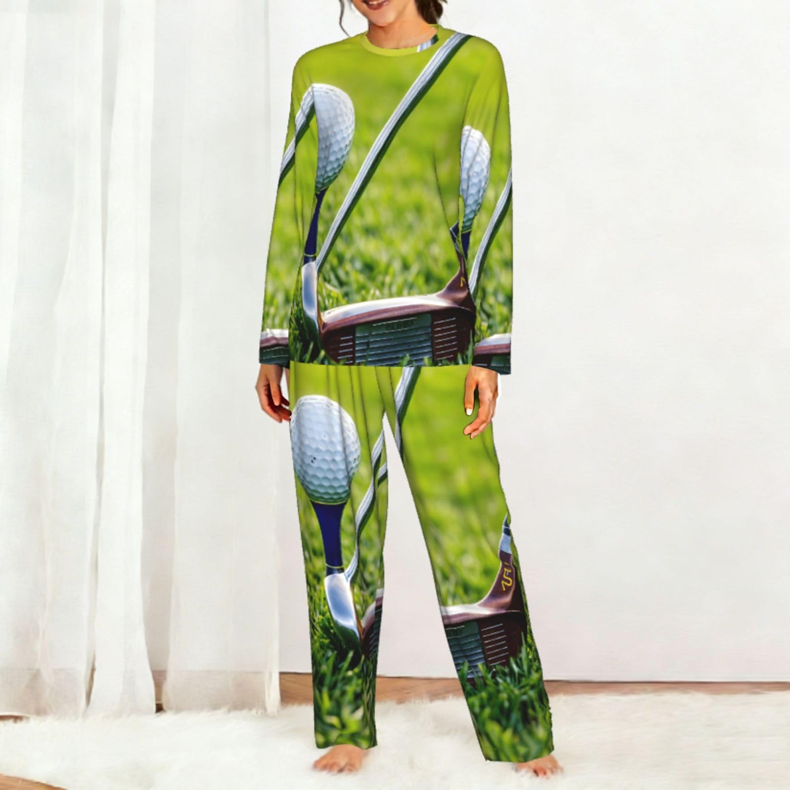 Set pigiama a maniche lunghe da donna con stampa campo da golf morbido lounge elastico leggero comfort pigiameria