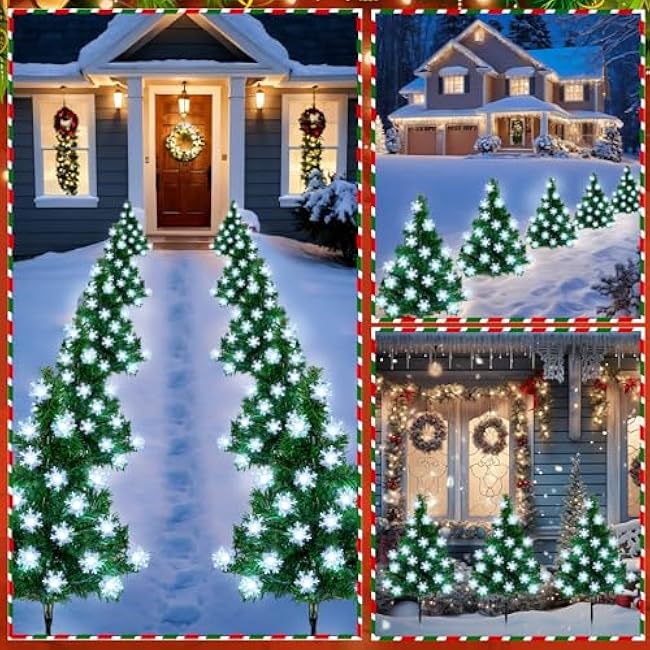 Retisee 6 Pack Solar Christmas Tree Garden Stake Lights Christmas Decorations Outdoor LED Snowflake Lights 8 Modes Prelit Xmas Tree Solar Landscape for Garden, Yard, Lawn