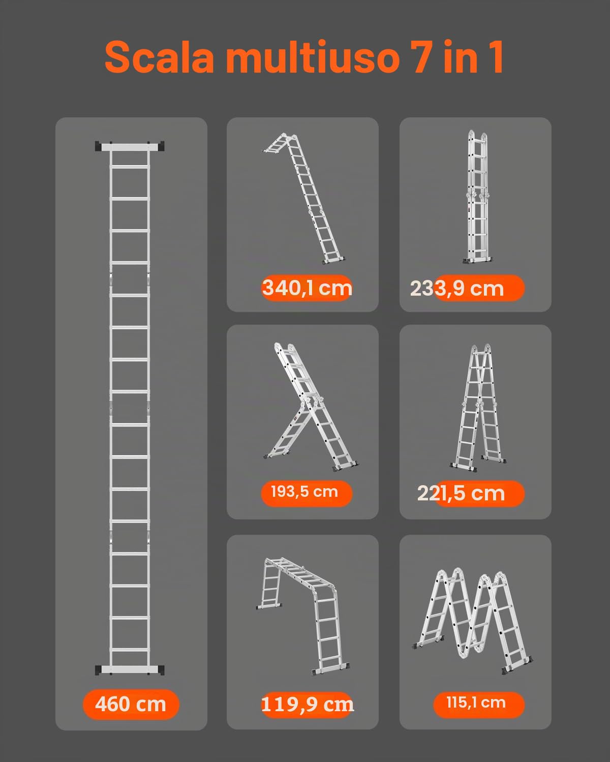 VEVOR Scala Pieghevole Multiuso, Scala Telescopica Regolabile 4 Gradini con Struttura ad A, Scala Estensibile per Impieghi Gravosi con Altezza 4,7 m Capacità 149,7 kg per Lavori Domestici all'Aperto